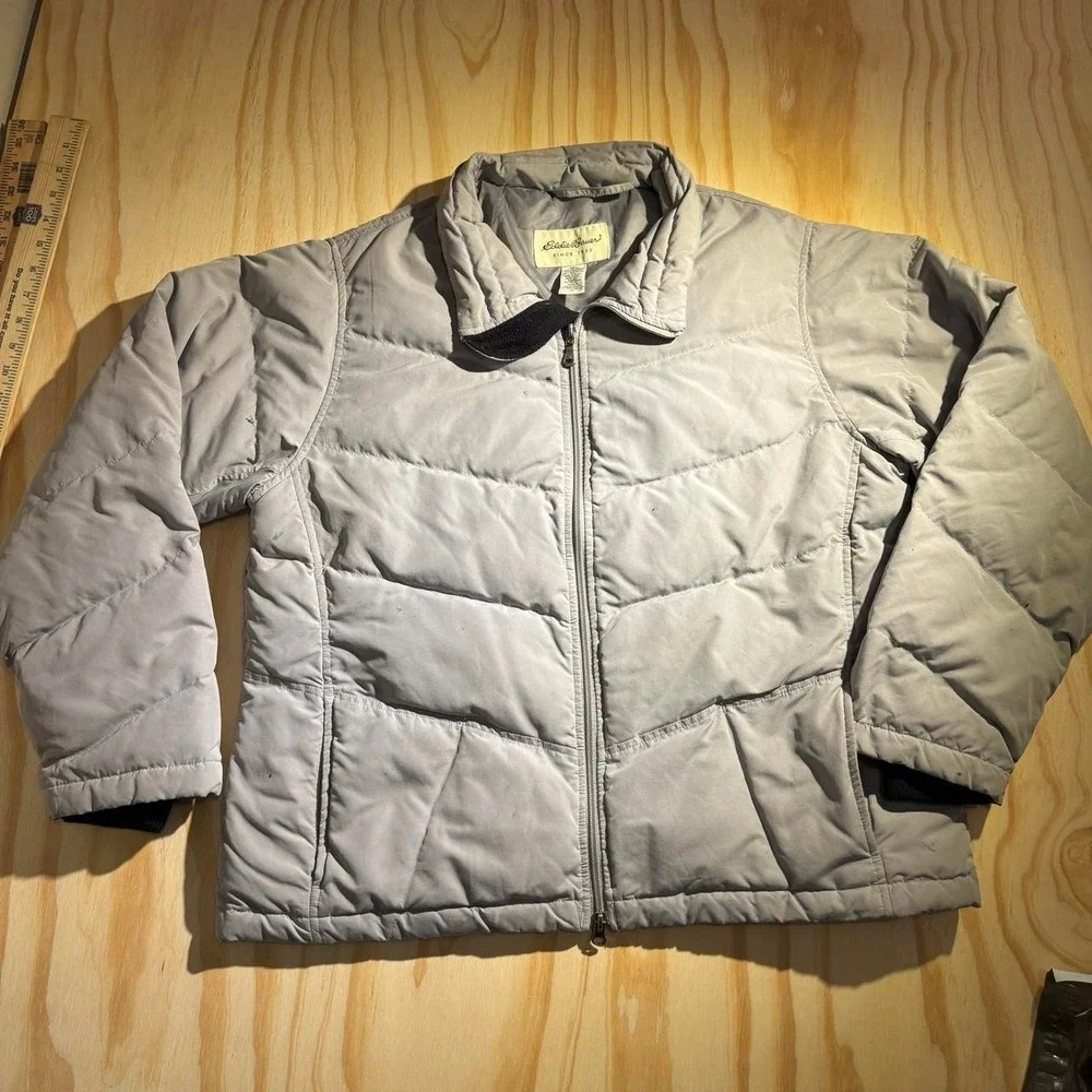 Eddie Bauer Mens Grey Goose Down Puffer Jacket Size XL Full Zip Winter Coat